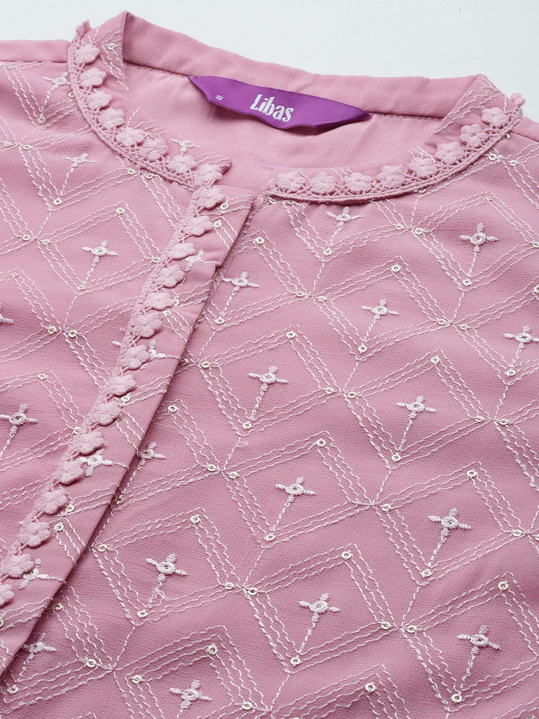 Pink Embroidered Georgette Straight Suit Set With Trousers - ShopLibas 