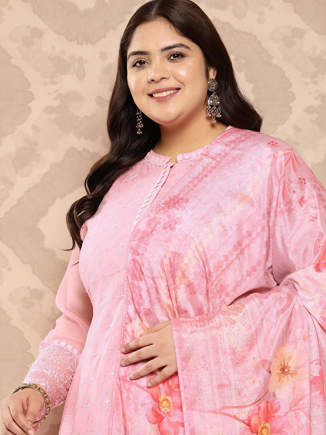 Pink Embroidered Georgette Straight Kurta With Trousers and Dupatta - Libas 