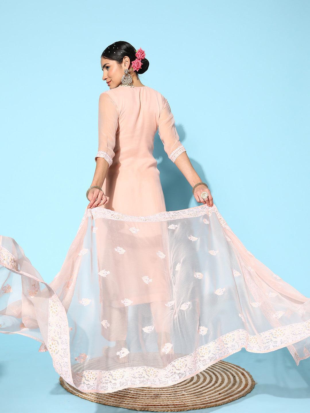 Pink Embroidered Georgette Straight Suit Set With Trousers - ShopLibas 