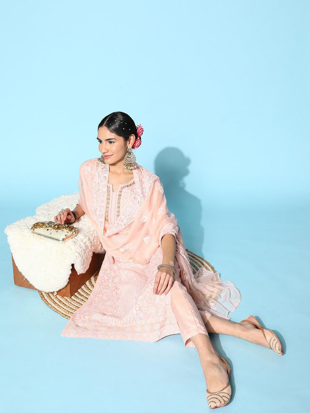 Pink Embroidered Georgette Straight Suit Set With Trousers - ShopLibas 