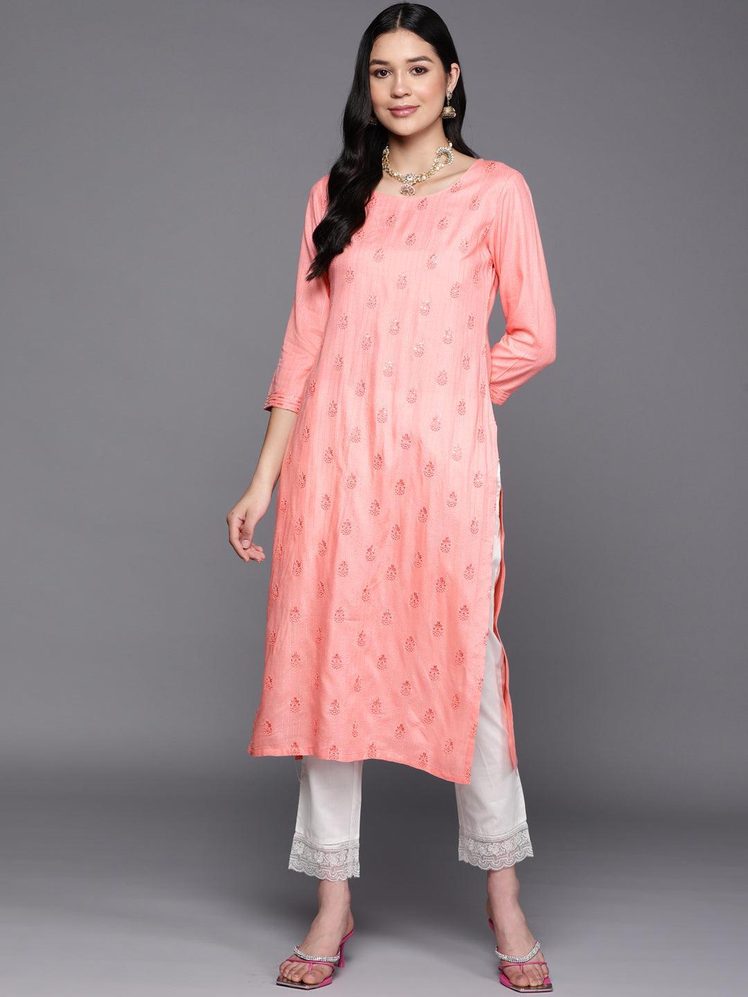 Pink Embroidered Rayon Straight Kurta - ShopLibas
