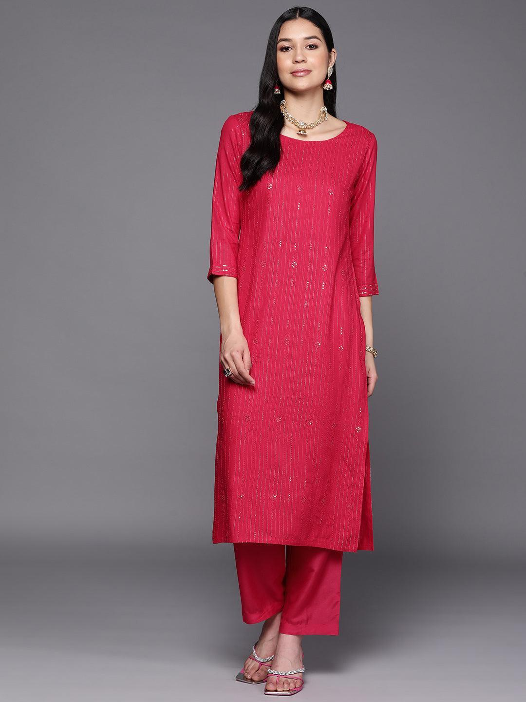 Pink Embroidered Rayon Straight Kurta - ShopLibas