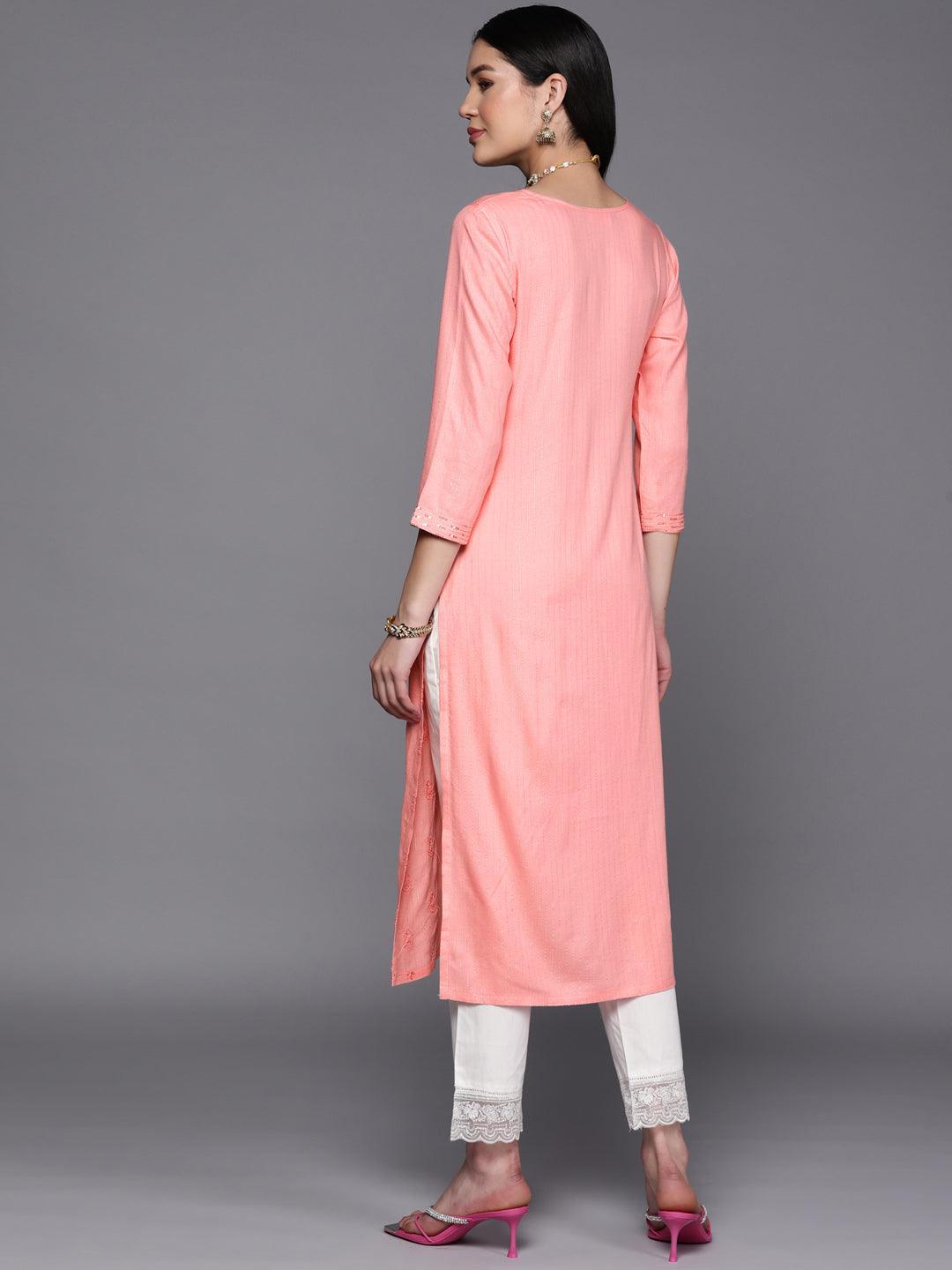 Pink Embroidered Rayon Straight Kurta - ShopLibas 