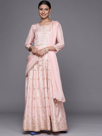 Pink Embroidered Silk Anarkali Suit Set - ShopLibas