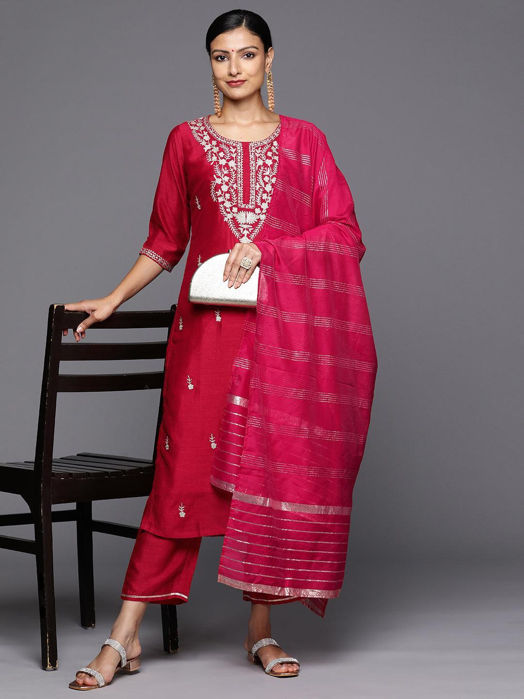 Pink Embroidered Silk Blend Straight Kurta With Trousers & Dupatta - Libas 