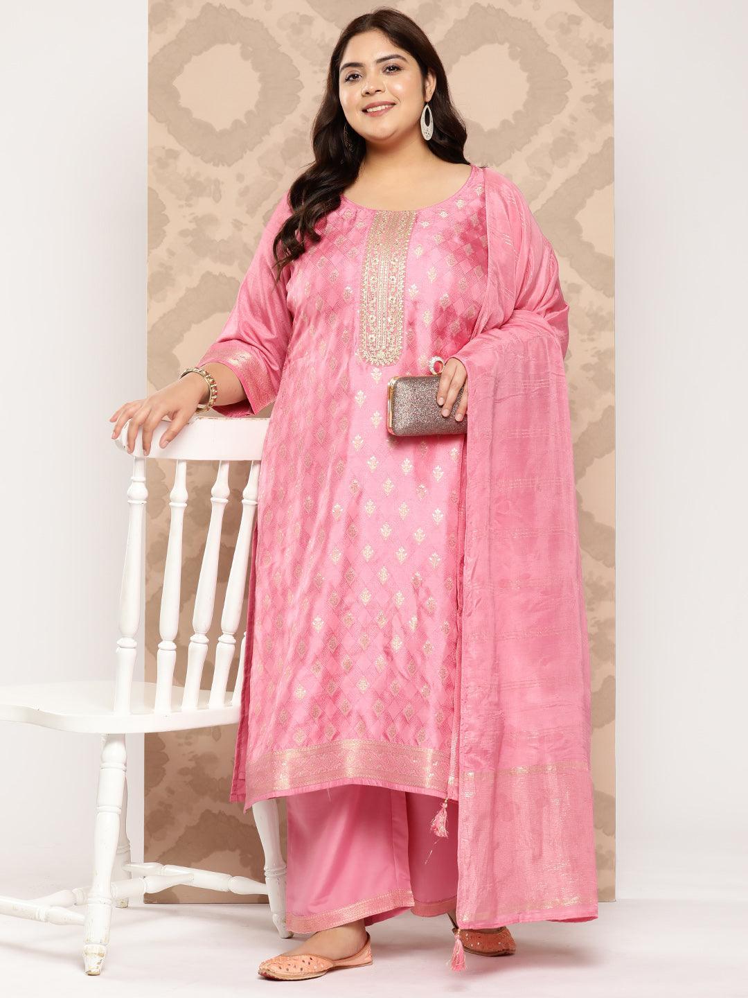 Pink Embroidered Silk Blend Straight Kurta With Trousers and Dupatta - Libas 