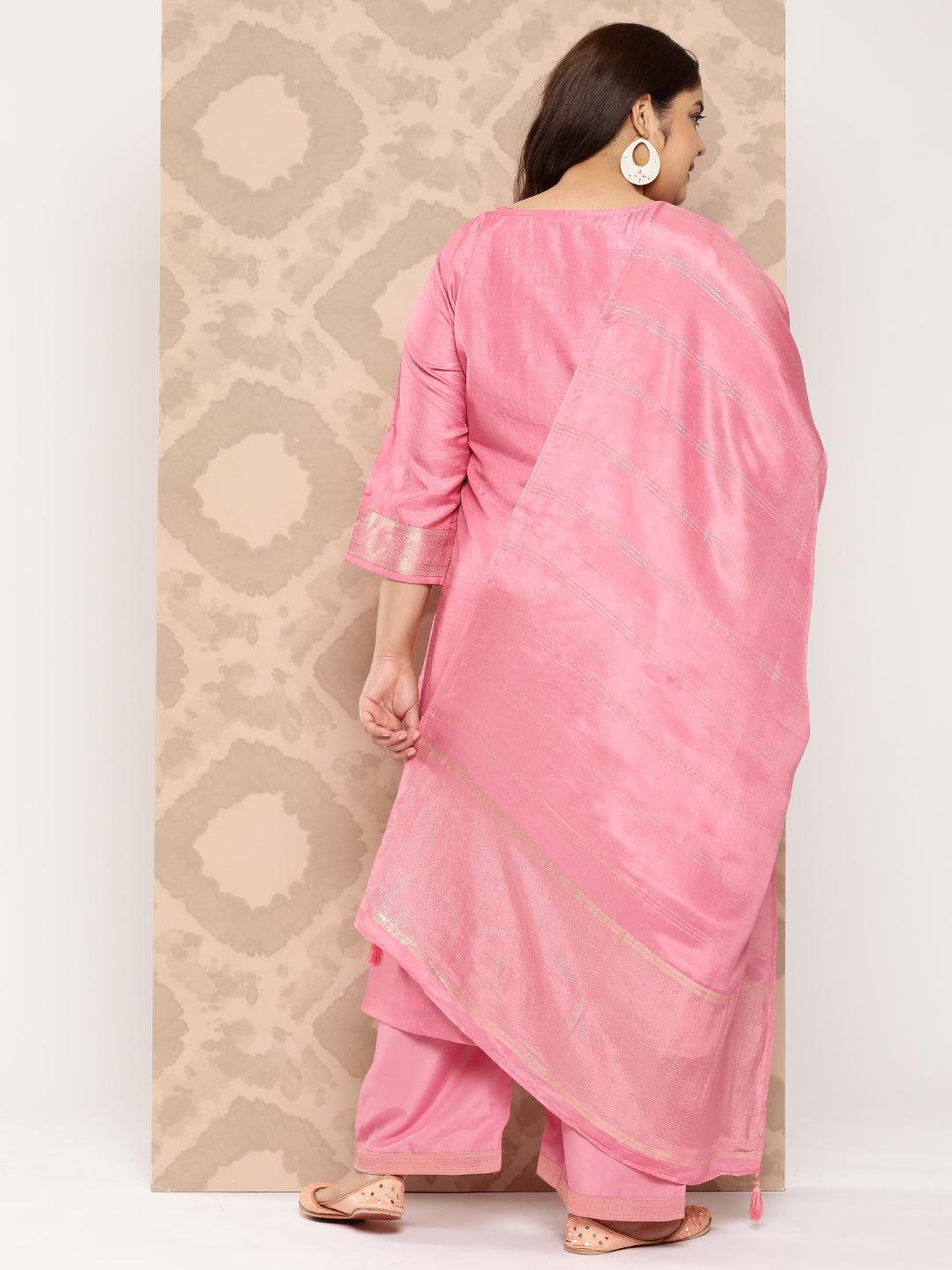 Pink Embroidered Silk Blend Straight Kurta With Trousers and Dupatta - Libas 