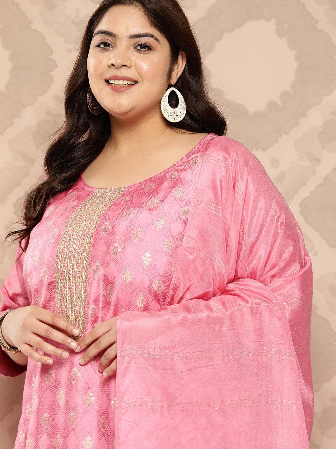 Pink Embroidered Silk Blend Straight Kurta With Trousers and Dupatta - Libas 