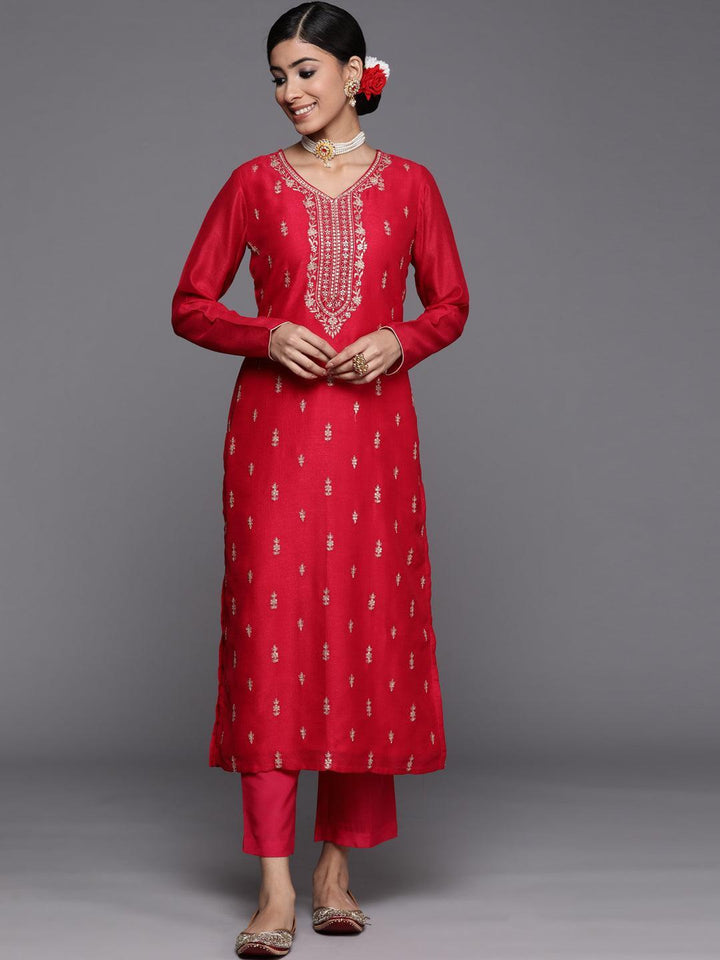 Pink Embroidered Silk Straight Kurta