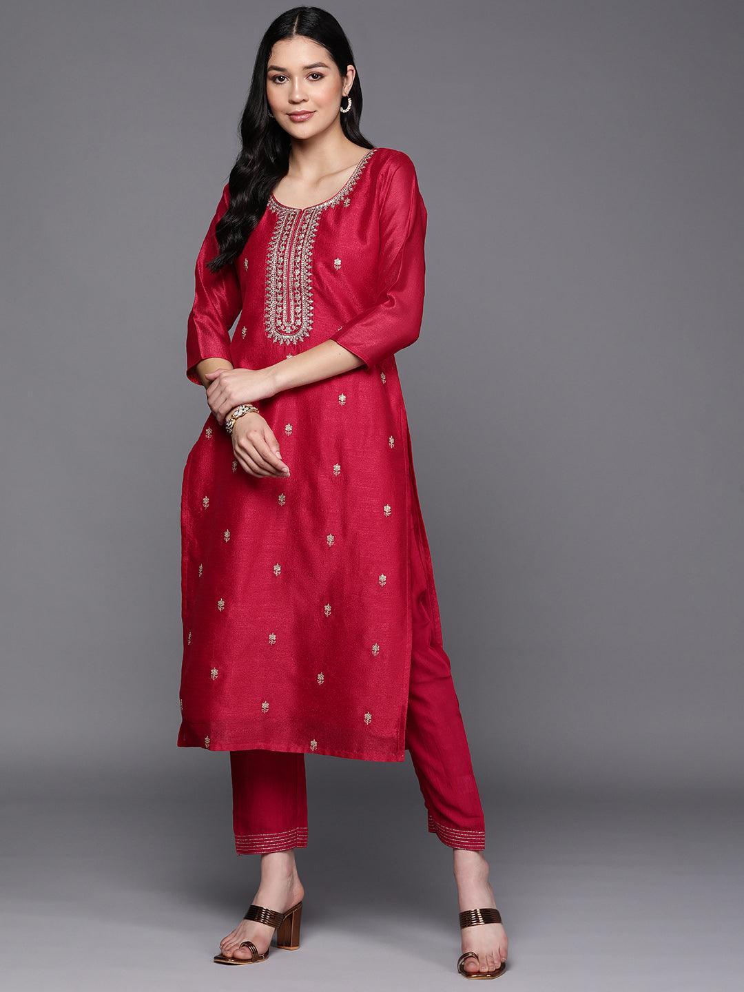 Pink Embroidered Silk Straight Kurta - ShopLibas
