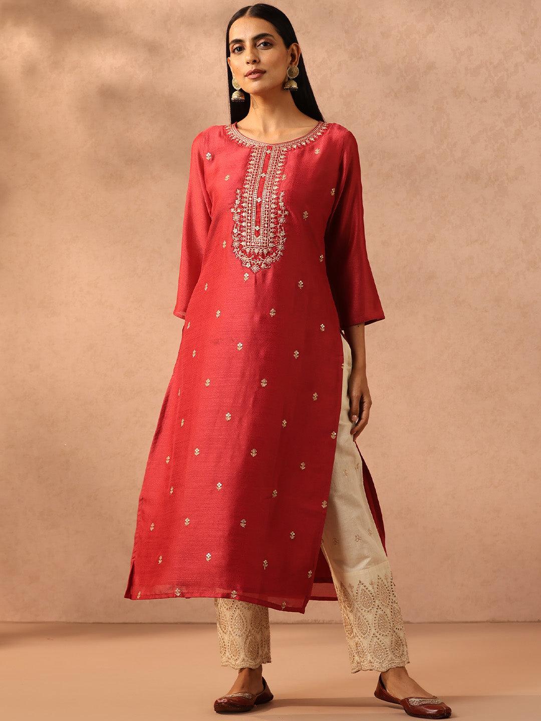 Pink Embroidered Silk Straight Kurta - ShopLibas