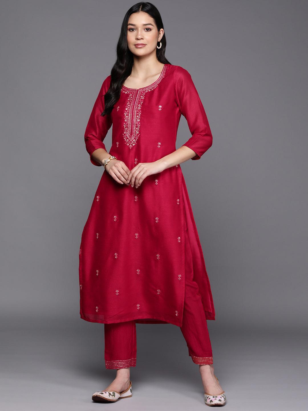 Pink Embroidered Silk Straight Kurta - ShopLibas