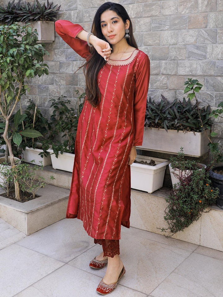 Pink Embroidered Silk Straight Kurta - ShopLibas