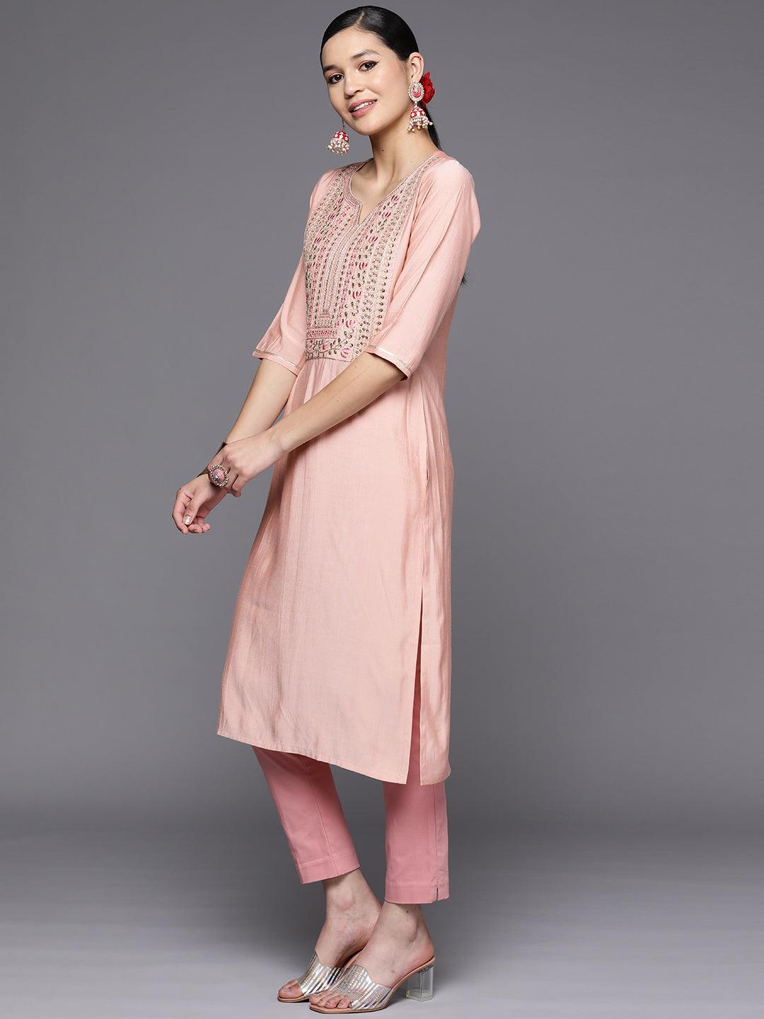 Pink Embroidered Silk Straight Kurta - Libas 