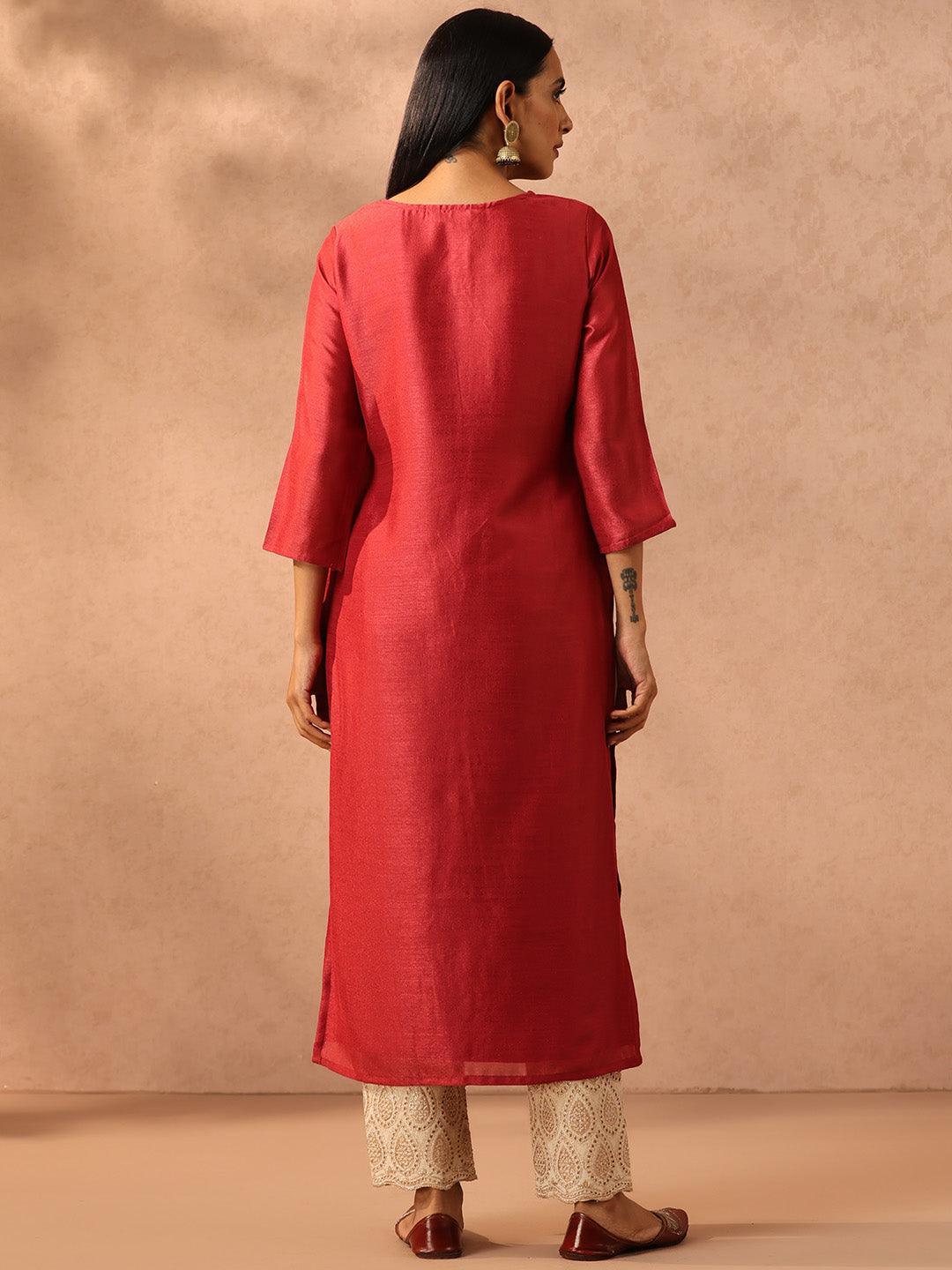 Pink Embroidered Silk Straight Kurta - ShopLibas 
