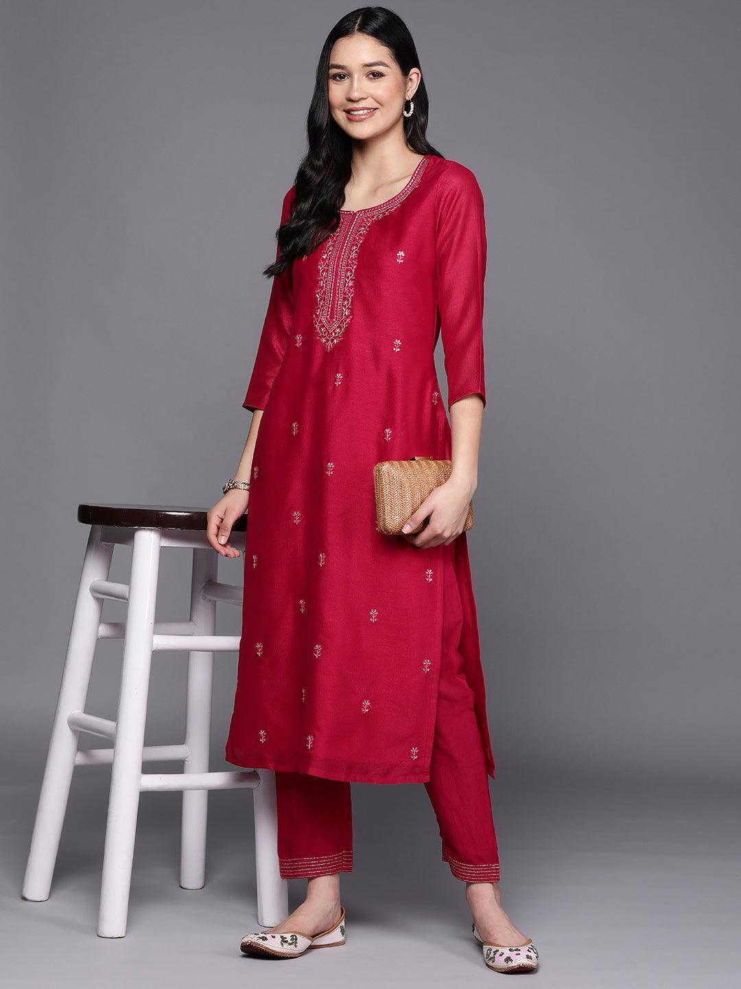 Pink Embroidered Silk Straight Kurta - ShopLibas 