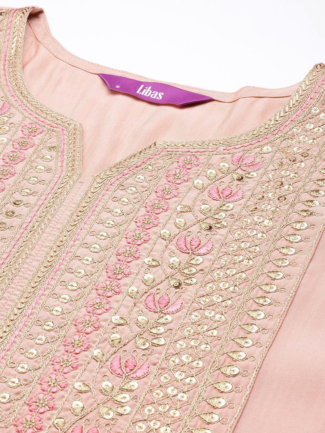 Pink Embroidered Silk Straight Kurta - Libas 