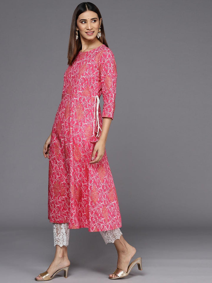 Pink Printed Cotton A-Line Kurta - ShopLibas