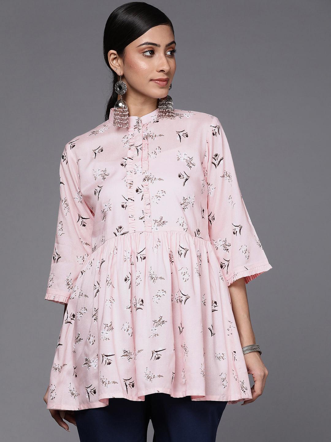 Pink Printed Cotton A-Line Kurti - ShopLibas
