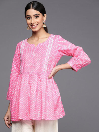 Pink Printed Cotton A-Line Kurti - ShopLibas