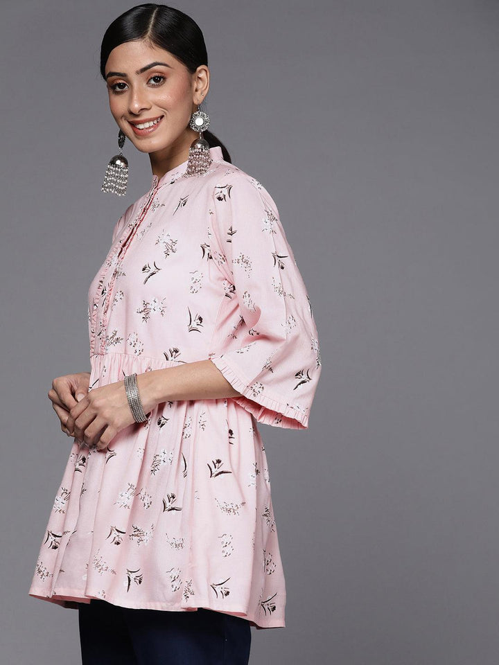 Pink Printed Cotton A-Line Kurti - ShopLibas