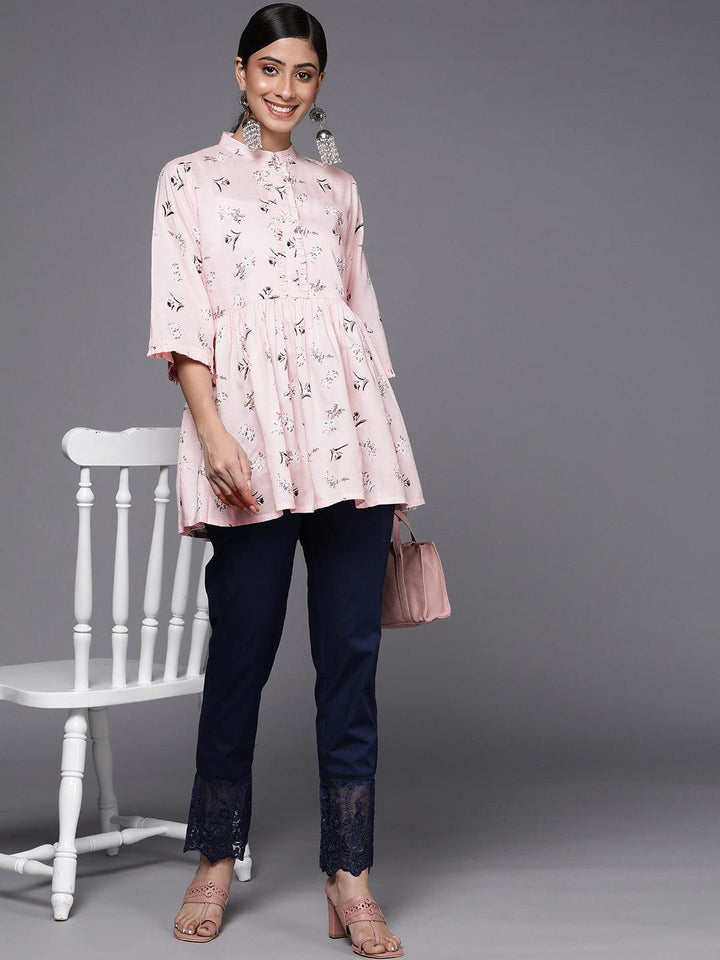 Pink Printed Cotton A-Line Kurti - ShopLibas