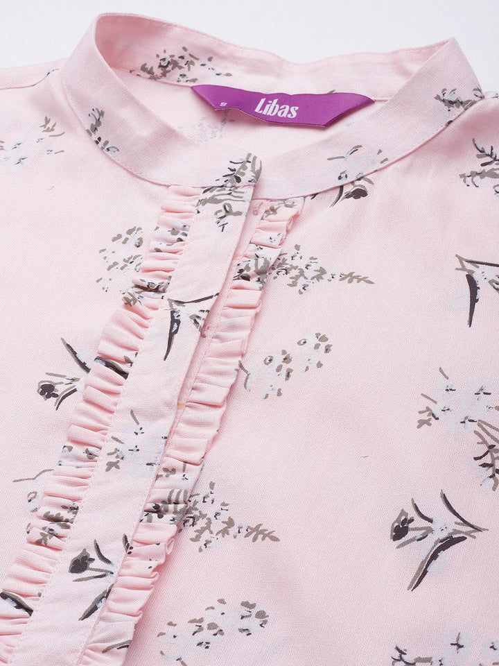 Pink Printed Cotton A-Line Kurti - ShopLibas