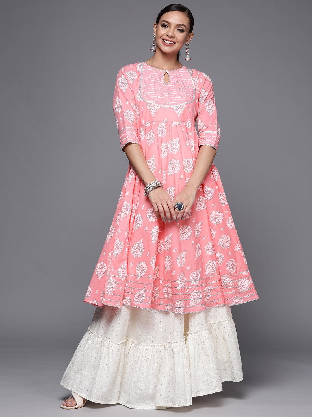 Pink Printed Cotton Anarkali Kurta - ShopLibas