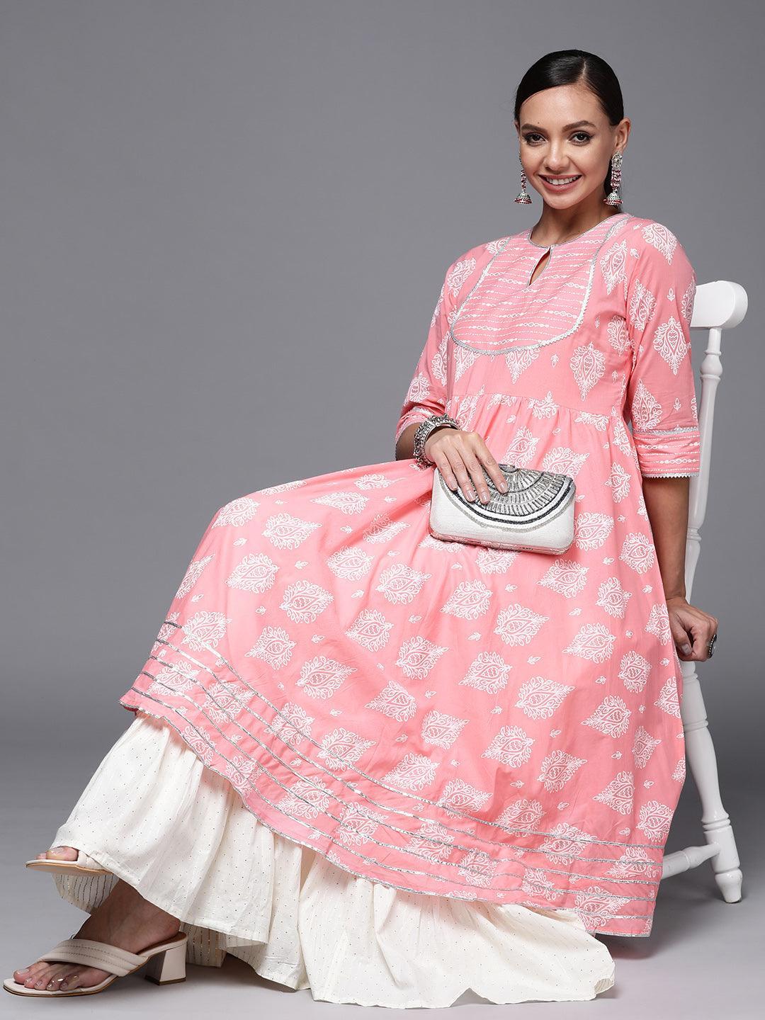 Pink Printed Cotton Anarkali Kurta - ShopLibas