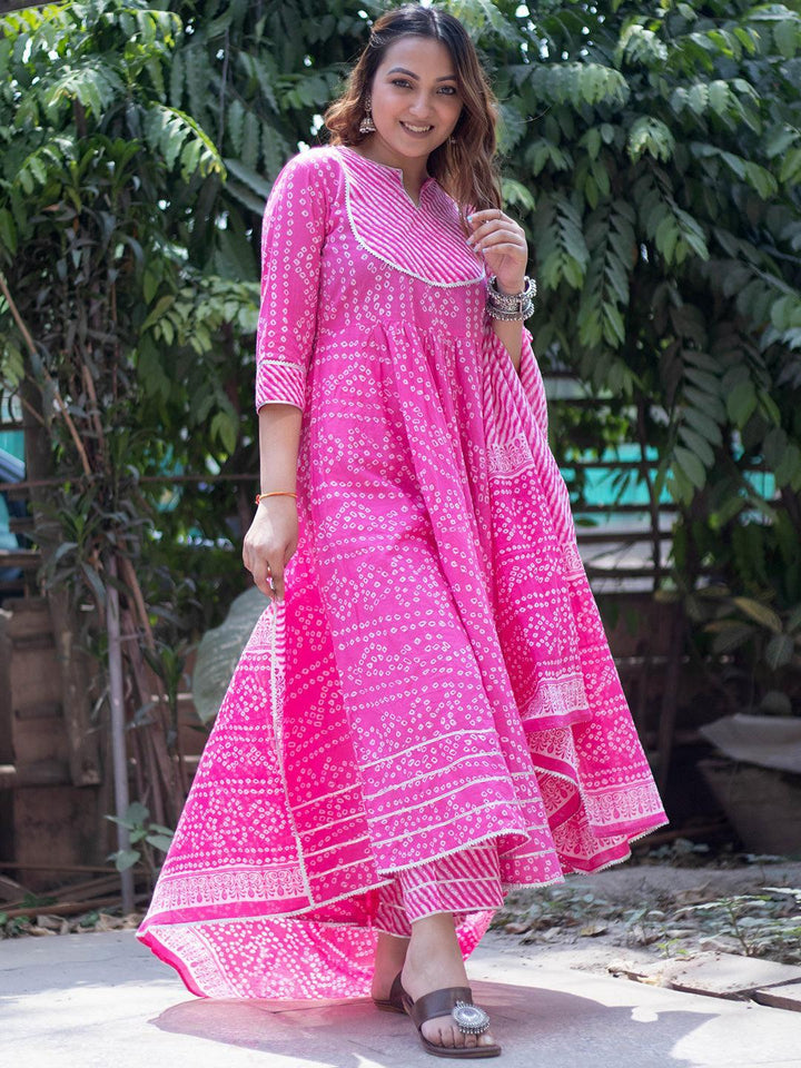 Pink Printed Cotton Anarkali Suit Set - ShopLibas