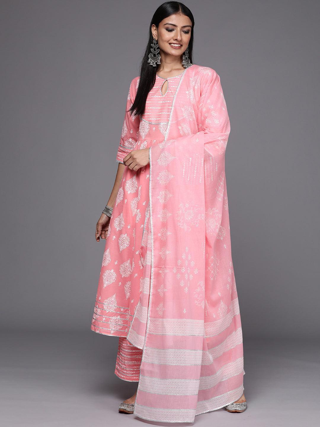 Pink Printed Cotton Anarkali Suit Set - ShopLibas