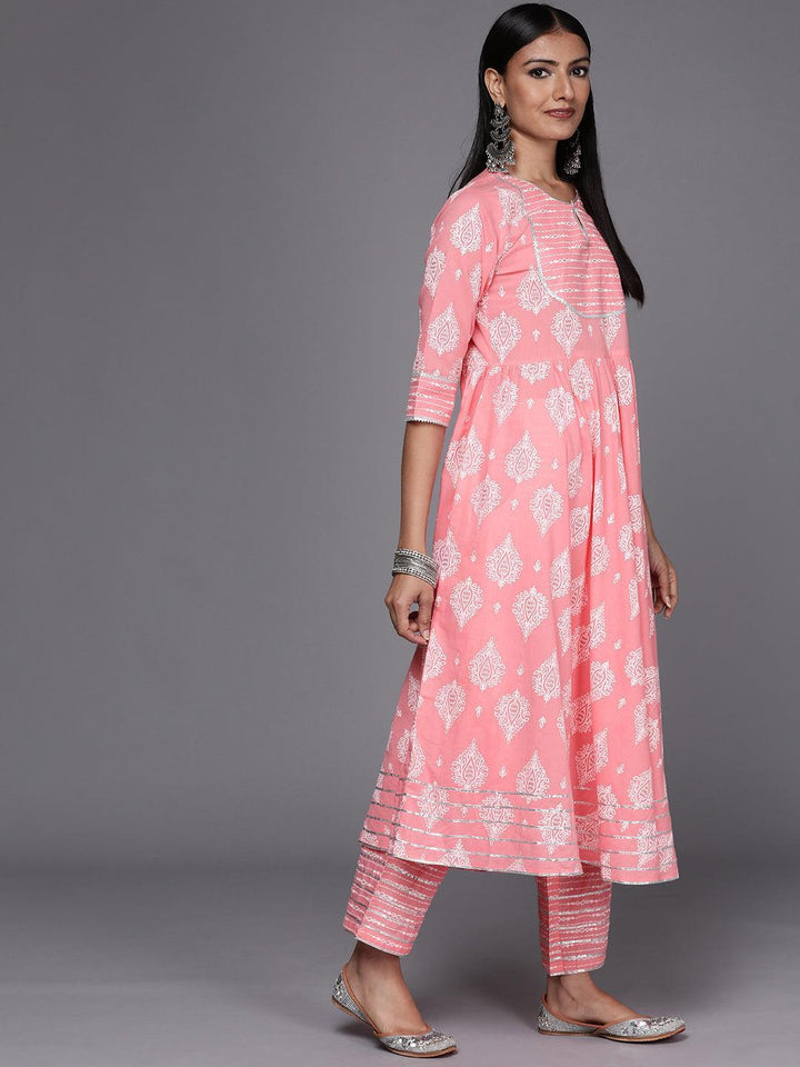 Pink Printed Cotton Anarkali Suit Set - ShopLibas