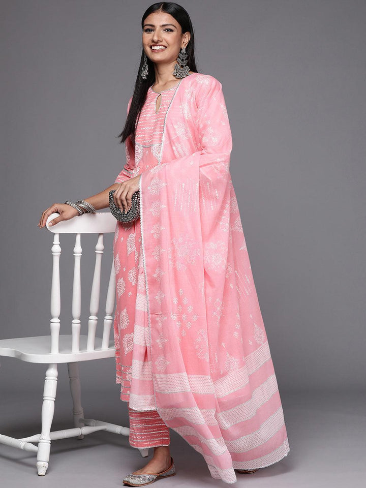 Pink Printed Cotton Anarkali Suit Set - ShopLibas