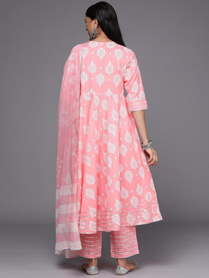 Pink Printed Cotton Anarkali Suit Set - ShopLibas