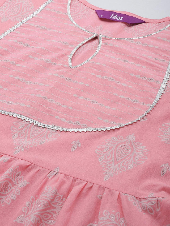 Pink Printed Cotton Anarkali Suit Set - ShopLibas
