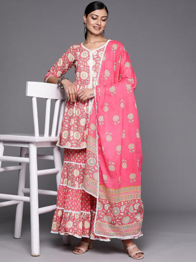 Pink Printed Cotton Anarkali Sharara Suit Set - ShopLibas