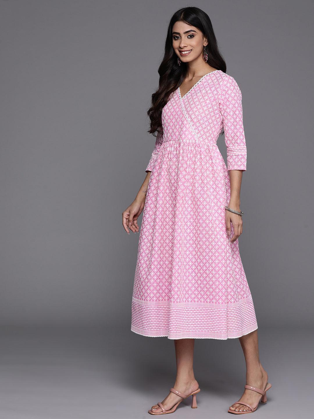 Buy Pink Printed Cotton Fit and Flare Dress Online at $30.00 USD