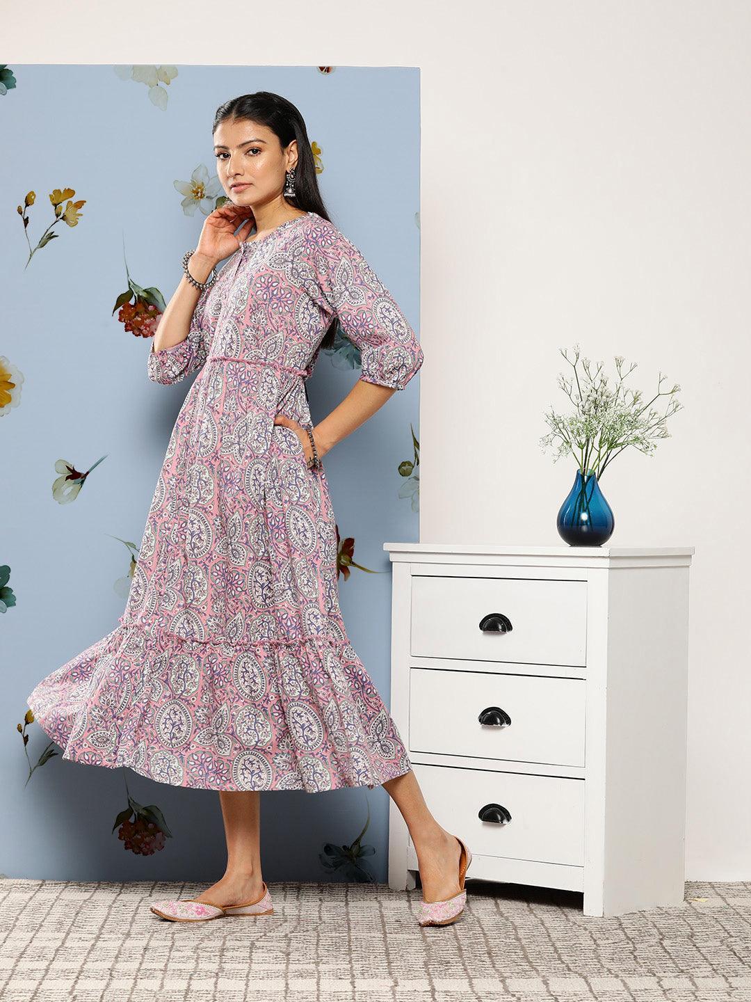 Buy Pink Printed Cotton Fit and Flare Dress Online at $27.00 USD
