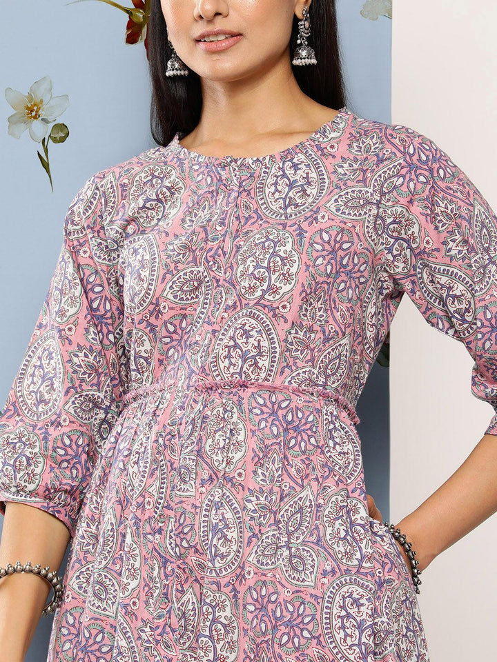 Pink Printed Cotton Fit and Flare Dress - Libas