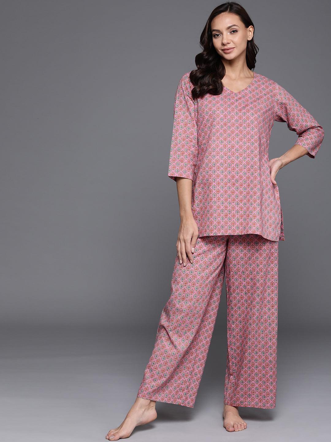 Pink Printed Cotton Night Suit - ShopLibas