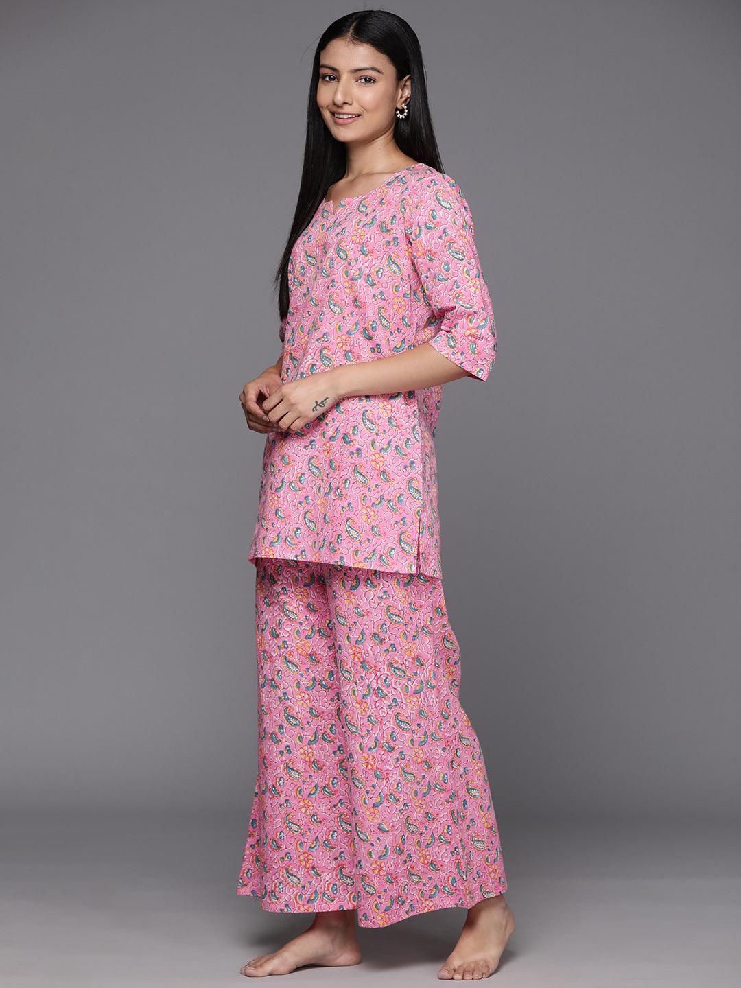 Pink Printed Cotton Night Suit - Libas 