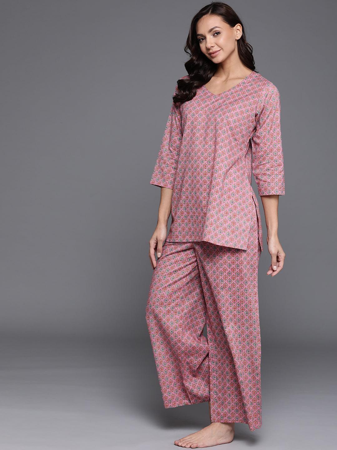 Pink Printed Cotton Night Suit - ShopLibas 