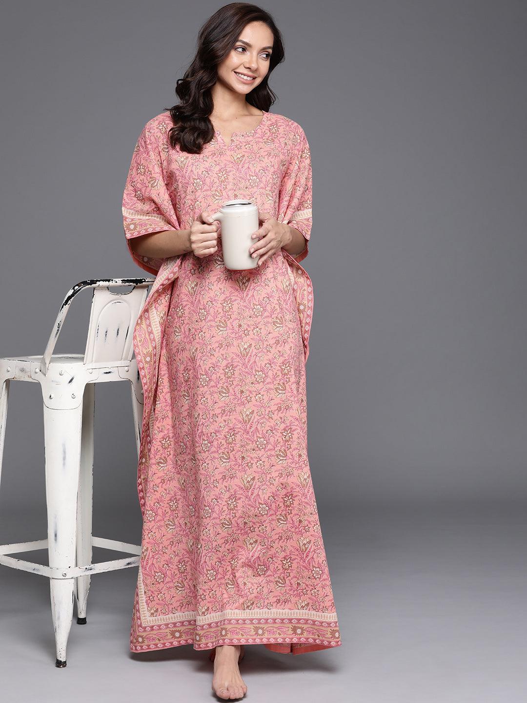 Pink Printed Cotton Nightdress - ShopLibas