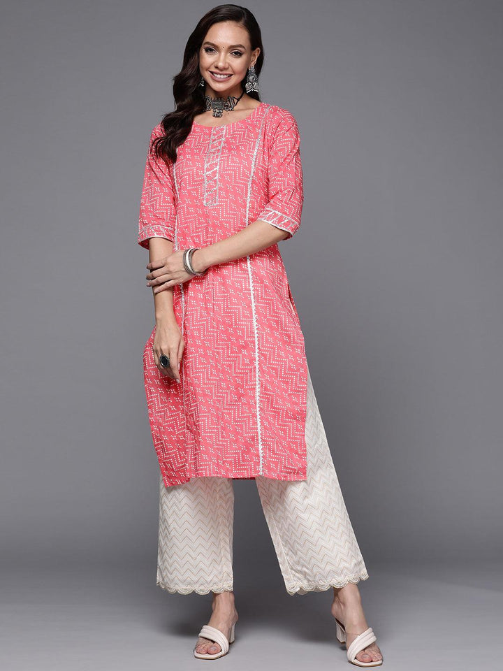 Pink Printed Cotton Straight Kurta - ShopLibas