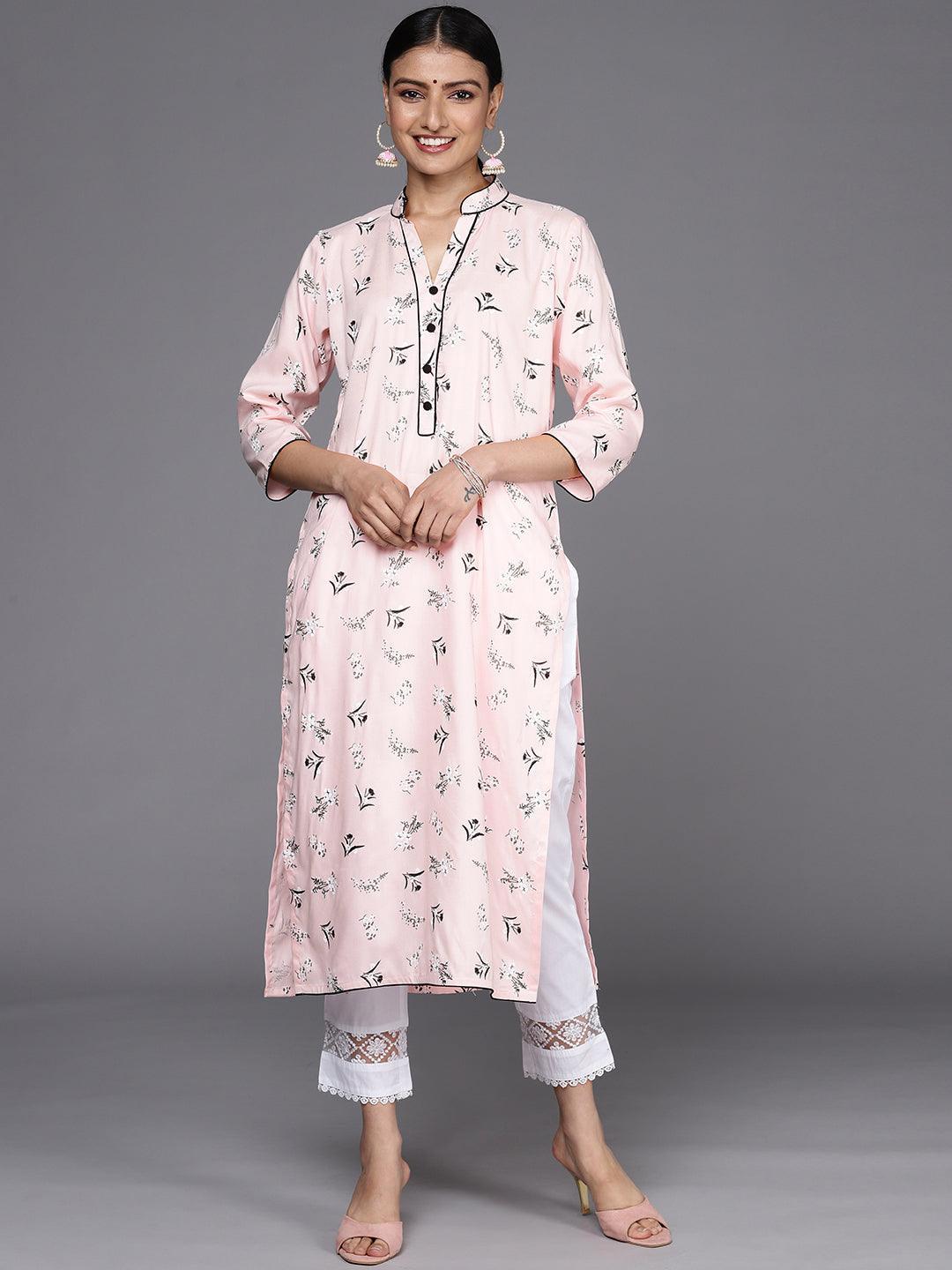 Pink Printed Cotton Straight Kurta - ShopLibas
