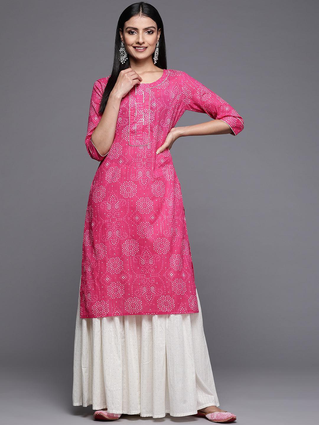 Pink Printed Cotton Straight Kurta - Libas
