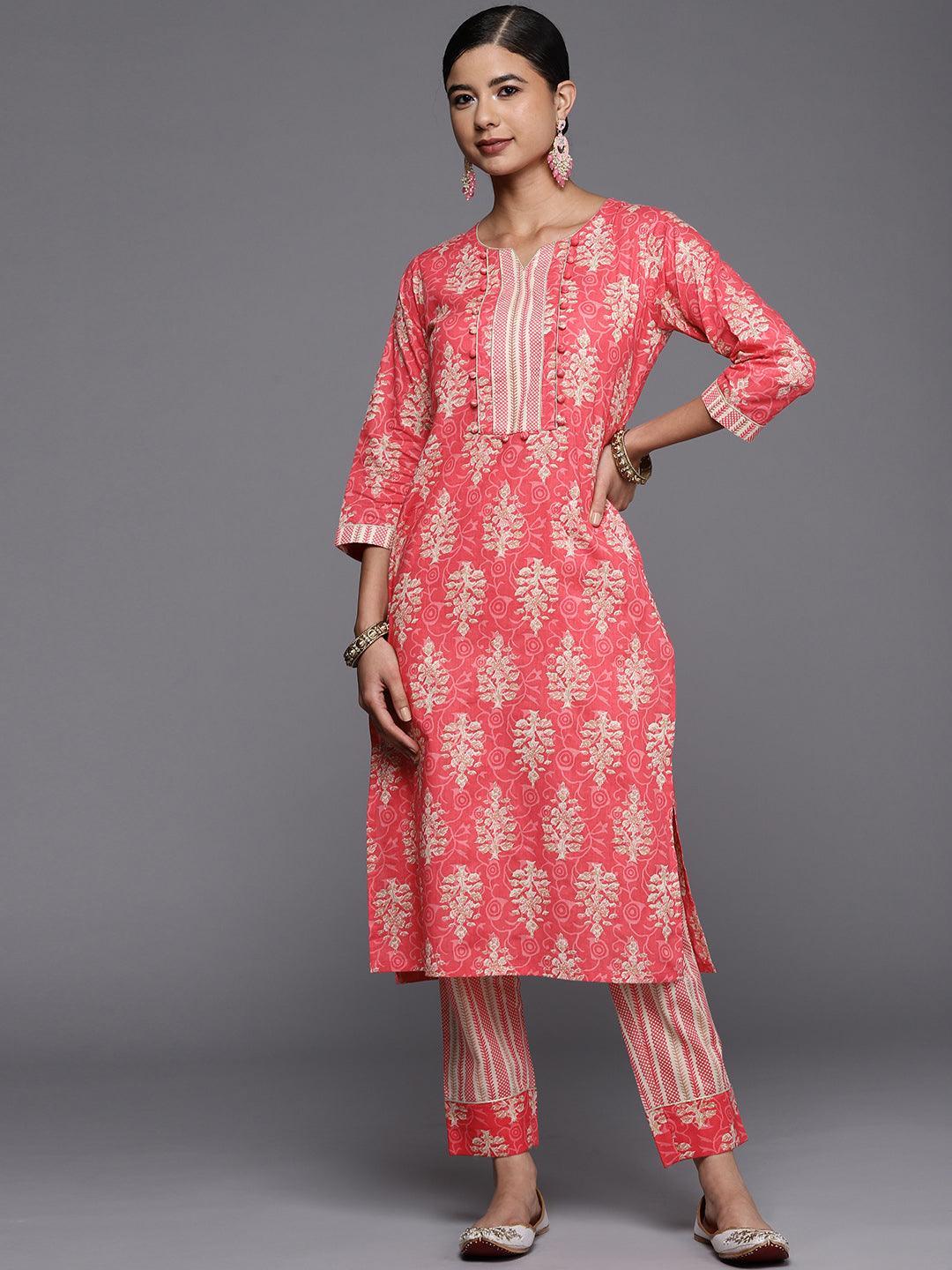 Pink Printed Cotton Straight Kurta - ShopLibas