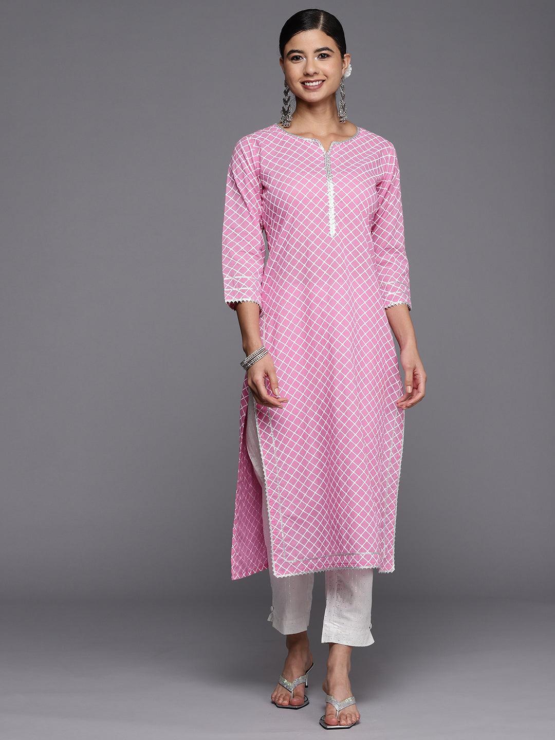Pink Printed Cotton Straight Kurta - ShopLibas