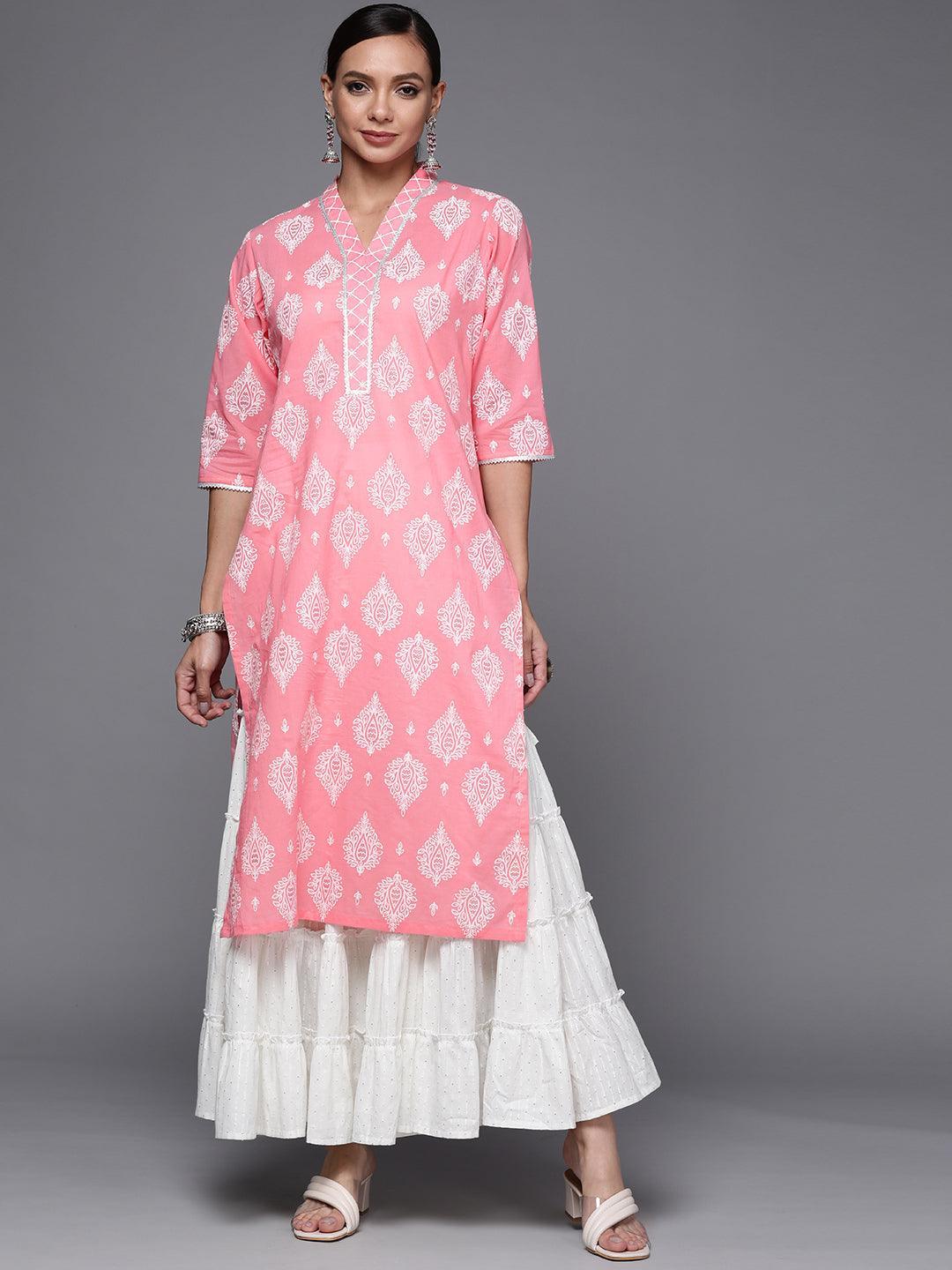 Pink Printed Cotton Straight Kurta - ShopLibas