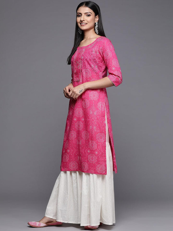 Pink Printed Cotton Straight Kurta - Libas